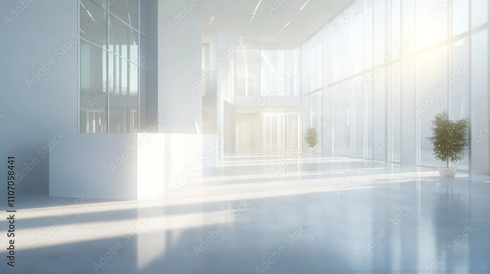 Fototapeta premium Bright, modern interior with large windows and minimalistic design, creating an open atmosphere.