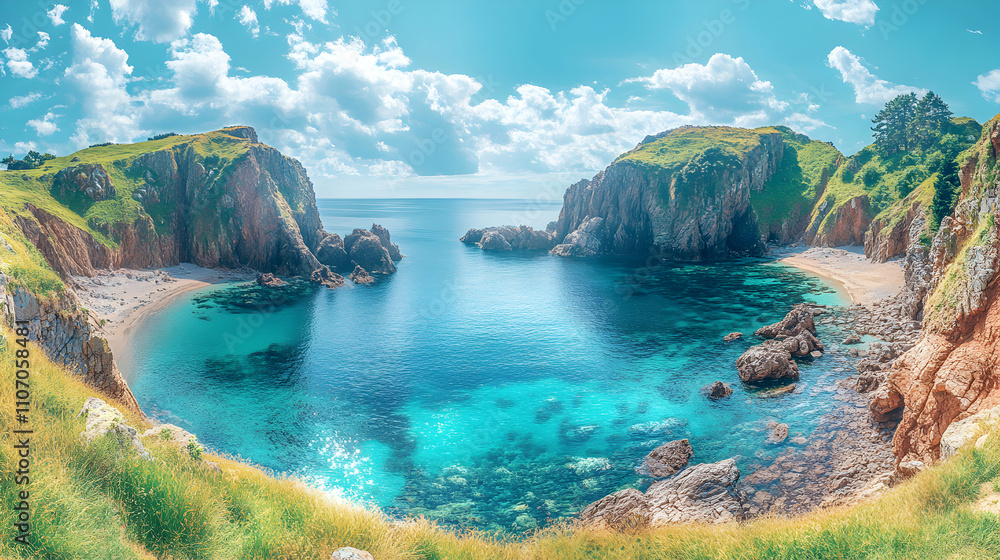 Fototapeta premium Coastal Cove, Turquoise Waters Encircle Verdant Cliffs under a Sunny Sky