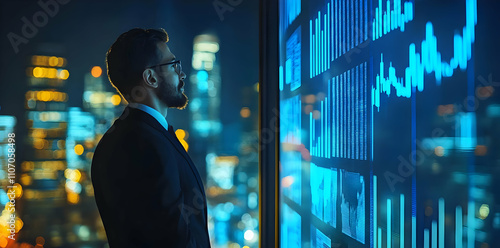 A businessman analyzes data trends against a city skyline at night.