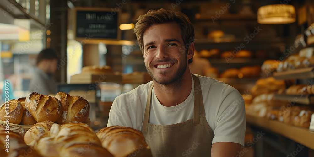 Smiling Baker in Bakery Shop with Fresh Bread: Artisan Bread, Delicious Loaves, Happy Baker Smiling Baker in Bakery Shop with Fresh Bread: Artisan Bread, Delicious Loaves, Happy Baker