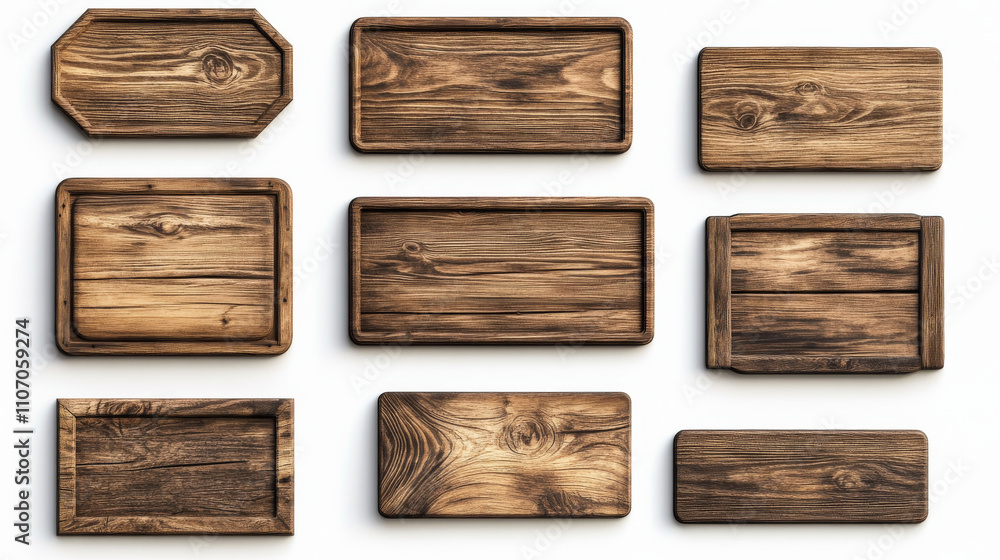 Wood signs set isolated on white background. Vector realistic illustration of blank round and rectangular wooden signboards with natural texture, brown plaques, saloon signboard, interior element Wood signs set isolated on white background. Vector realistic illustration of blank round and rectangular wooden signboards with natural texture, brown plaques, saloon signboard, interior element