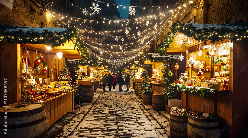 Charming winter market with festive lights, snow covered cobblestone alley, and wooden stalls filled with holiday goods, creating warm and inviting atmosphere Charming winter market with festive lights, snow covered cobblestone alley, and wooden stalls filled with holiday goods, creating warm and inviting atmosphere
