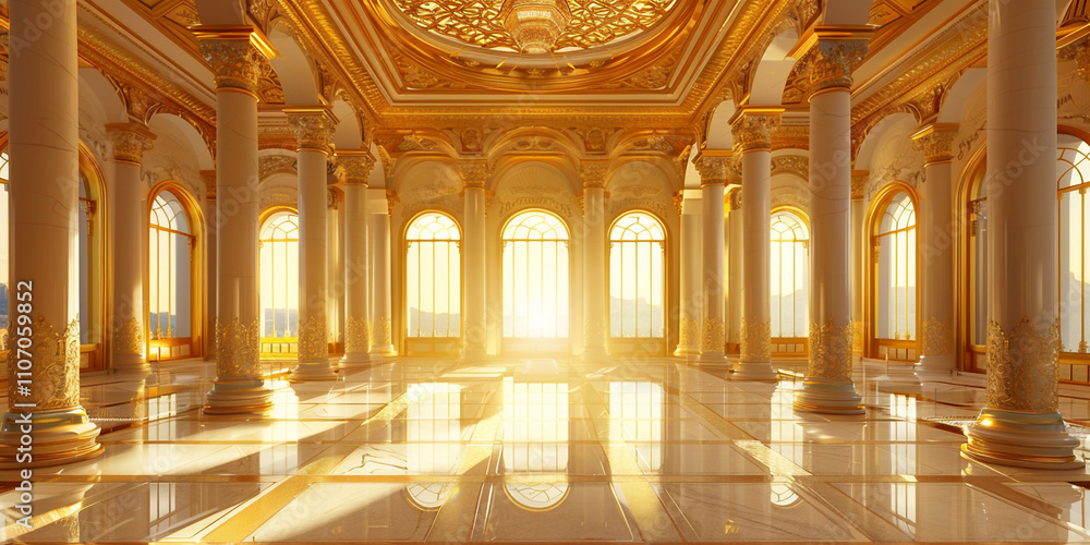Fototapeta premium Majestic Room Featuring Towering Columns and a Beautifully Decorated Vaulted Ceiling 