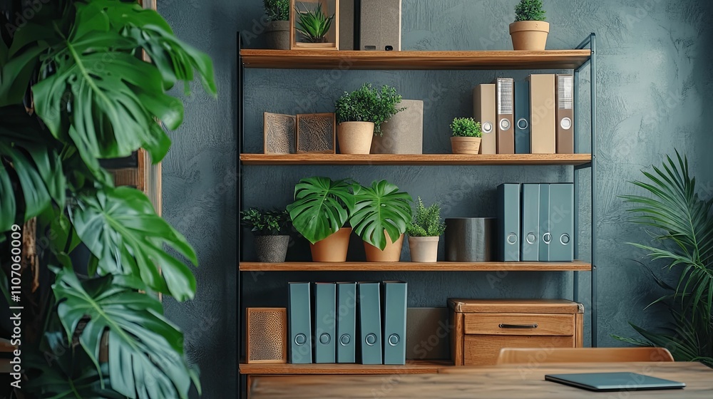 Wooden Shelf Decorated With Plants And Office Supplies Wooden Shelf Decorated With Plants And Office Supplies