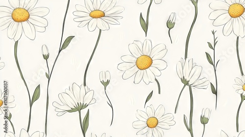 Obraz na płótnie Cute floral background vector with white daisy flower print and hand-drawn doodles – seamless repeat pattern for wallpaper, fabric, and digital design w salonie