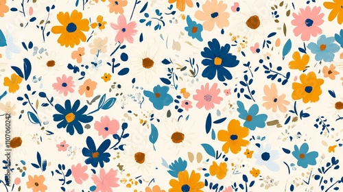 Cute floral background vector with white daisy flower print and hand-drawn doodles – seamless repeat pattern for wallpaper, fabric, and digital design