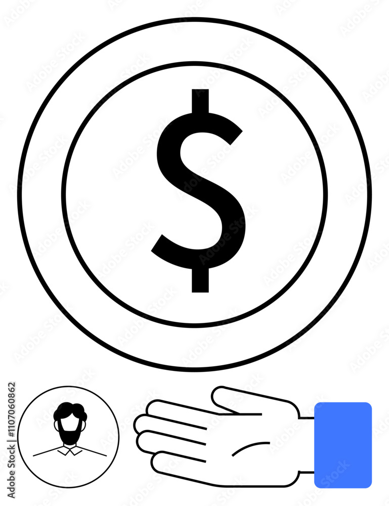 Hand extended beneath large coin with dollar sign, small user profile icon nearby. Ideal for finance, transactions, money management, business, digital exchange, user identity mobile apps. Line Hand extended beneath large coin with dollar sign, small user profile icon nearby. Ideal for finance, transactions, money management, business, digital exchange, user identity mobile apps. Line