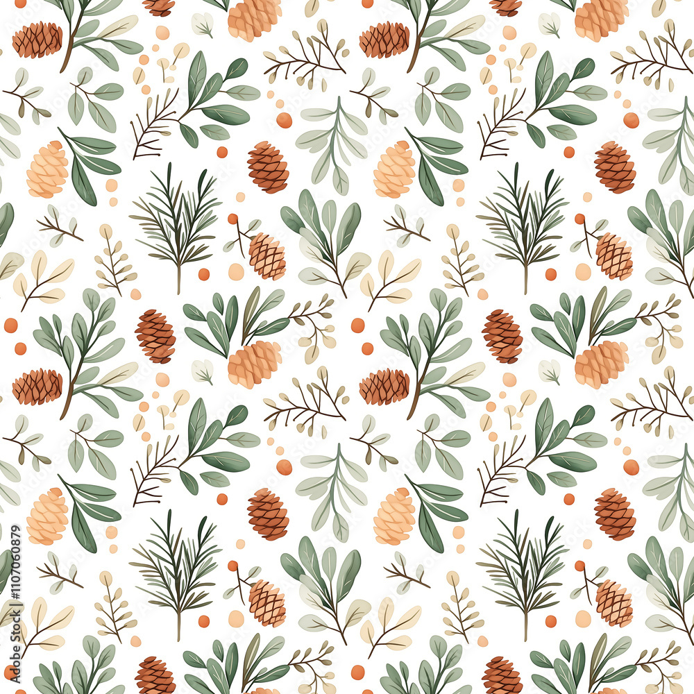 Minimalist christmas pattern with pine branches and pinecones seamless design for festive decor Minimalist christmas pattern with pine branches and pinecones seamless design for festive decor