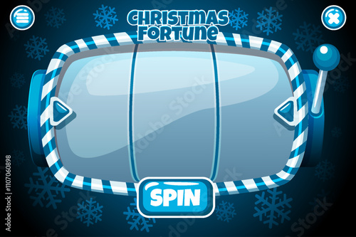 Christmas slot machine. Banner with candy empty slot machine for casino game in blue color.