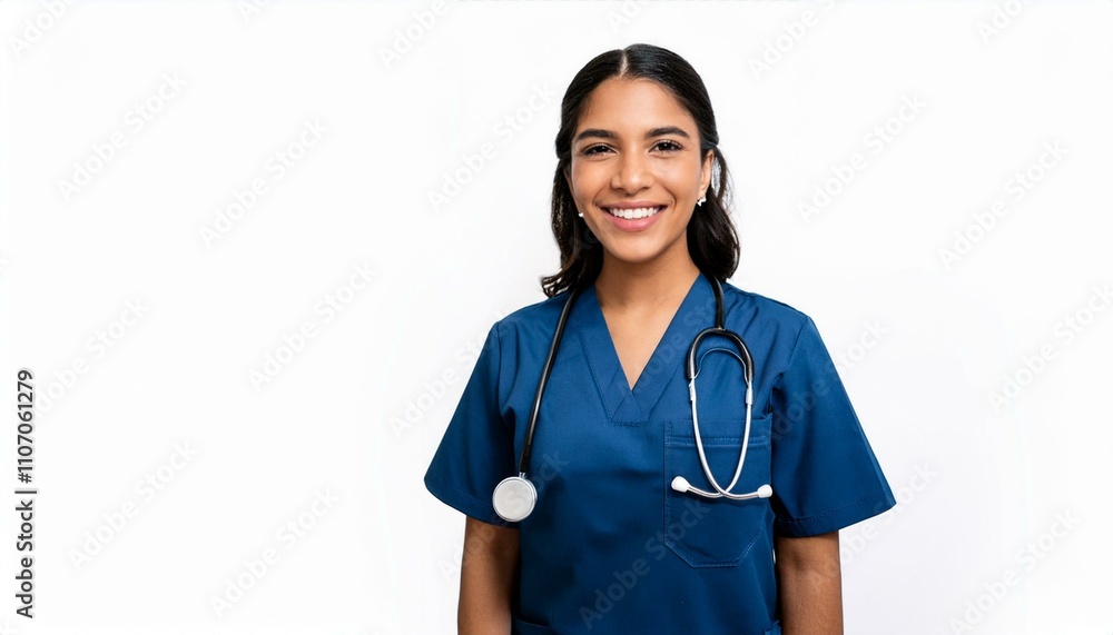 Portrait of a young Mexican female nurse on isolated white background Portrait of a young Mexican female nurse on isolated white background