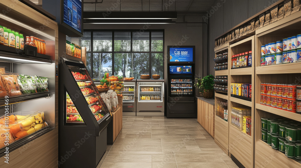 Supermarket self service for checkout and payment. Grocery scan on cashier kiosk. Cashierless purchase terminal technology. Automated smart scanner in shop with fish in fridge panorama vector scene Supermarket self service for checkout and payment. Grocery scan on cashier kiosk. Cashierless purchase terminal technology. Automated smart scanner in shop with fish in fridge panorama vector scene
