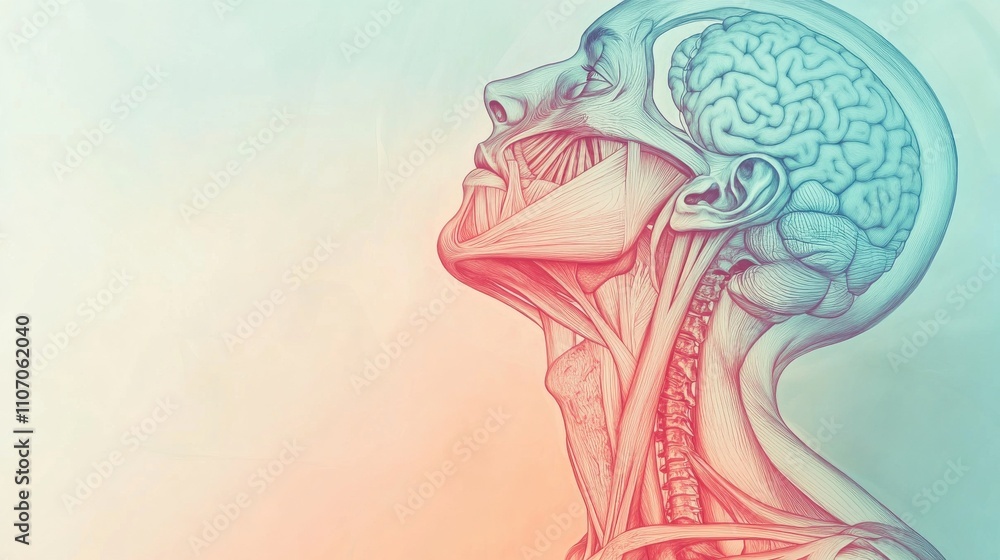 Obraz premium A detailed anatomical illustration of a human head, showcasing facial muscles, neck structure, and brain, with a soft gradient background.