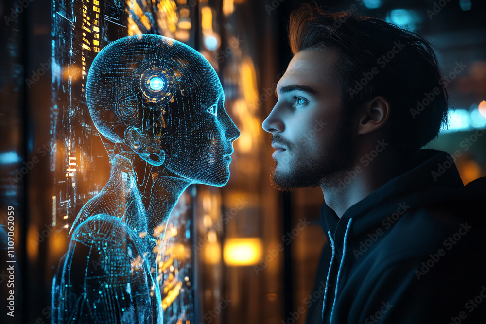 Obraz premium young man interacting with a virtual assistant