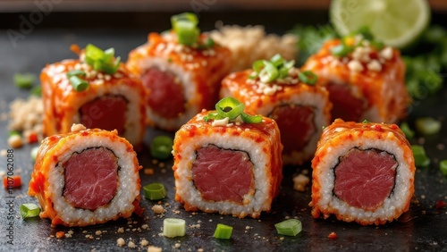 A close-up of six pieces of spicy tuna sushi, beautifully arranged on a ceramic plate, garnished with fresh green onions and sesame seeds, in a bright, minimalist Japanese restaurant setting