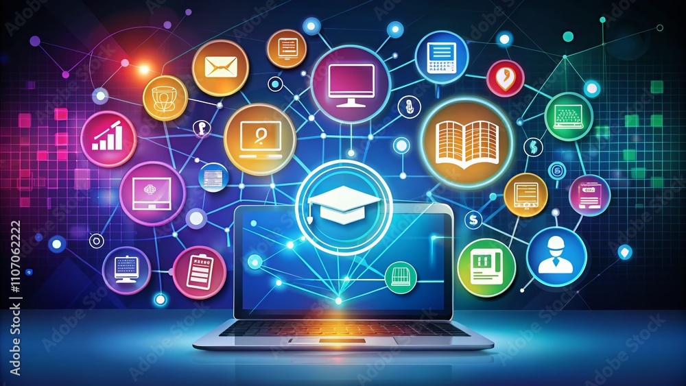 Online Education Symbols Showcasing the Connection Between Technology and Learning in Modern Classrooms, Highlighting the Role of Digital Platforms in Educational Growth and Development Online Education Symbols Showcasing the Connection Between Technology and Learning in Modern Classrooms, Highlighting the Role of Digital Platforms in Educational Growth and Development