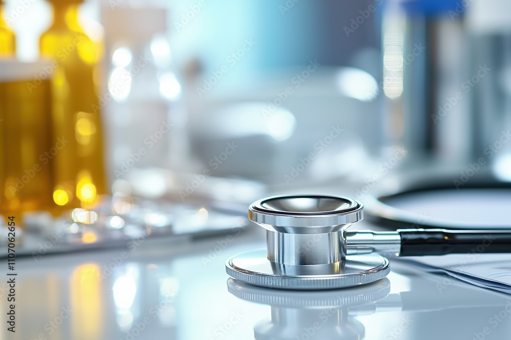 Stethoscope on reflective desk in modern medical environment Stethoscope on reflective desk in modern medical environment