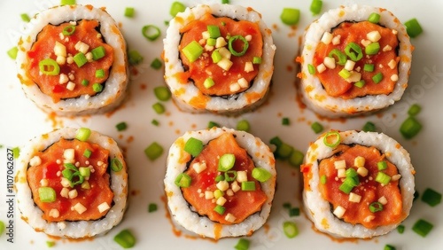 A close-up of six pieces of spicy tuna sushi, beautifully arranged on a ceramic plate, garnished with fresh green onions and sesame seeds, in a bright, minimalist Japanese restaurant setting