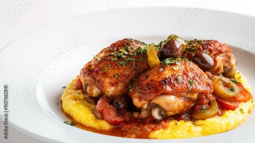 A hearty chicken cacciatore with chicken thighs braised in a rich tomato sauce with bell peppers, onions, garlic, and olives, served over polenta