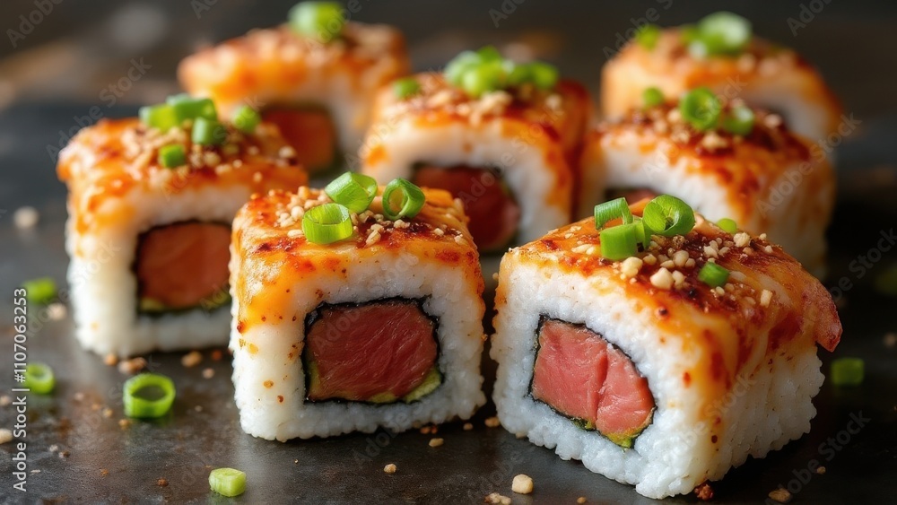 A close-up of six pieces of spicy tuna sushi, beautifully arranged on a ceramic plate, garnished with fresh green onions and sesame seeds, in a bright, minimalist Japanese restaurant setting A close-up of six pieces of spicy tuna sushi, beautifully arranged on a ceramic plate, garnished with fresh green onions and sesame seeds, in a bright, minimalist Japanese restaurant setting