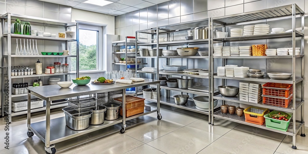 Naklejka premium Organized Hospital Kitchen Storage Area with Neatly Arranged Supplies and Ample Copy Space for Text, Showcasing Efficient Use of Space and Functionality in a Healthcare Environment