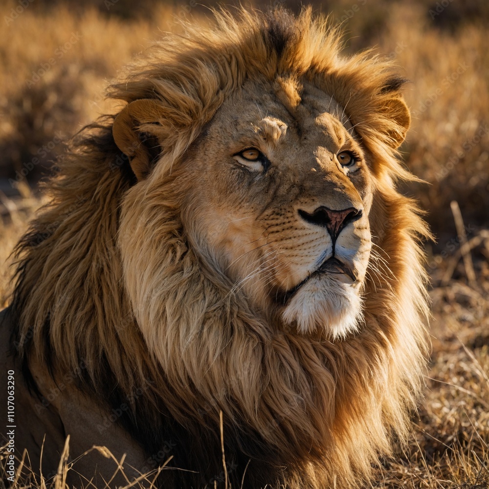 A lion with a golden mane basking under the African sun. A lion with a golden mane basking under the African sun.