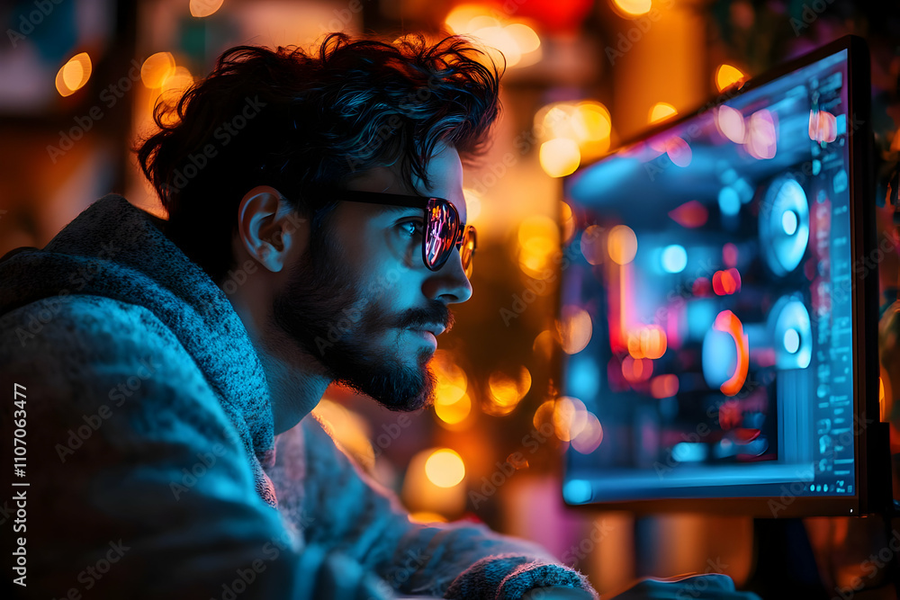 Fototapeta premium A focused individual working on a computer amidst a colorful, illuminated background.