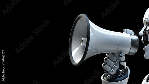 Humanoid Robot with Megaphone for Communication with black background , robot marketing copy space background