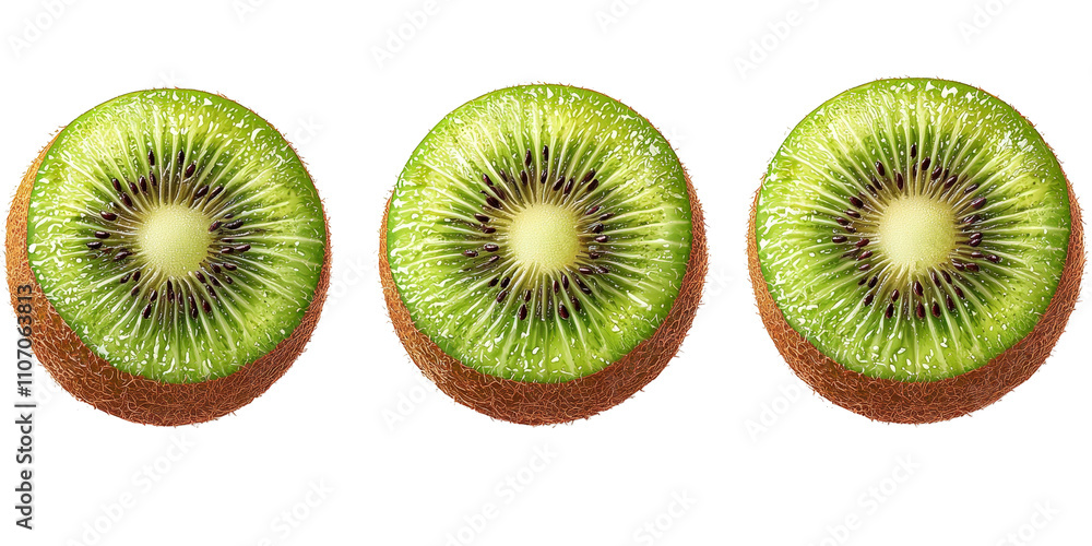 Fototapeta premium Three Halved Kiwi Fruits on a White Background Showcasing Their Vibrant Green Flesh and Unique Texture Perfect for Fresh Fruit Enthusiasts and Healthy Recipes