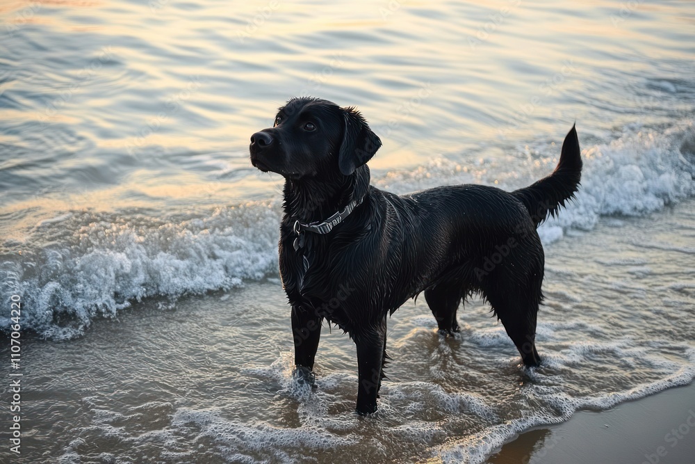 Black labrador standing in shallow water at the edge of the sea during sunset Black labrador standing in shallow water at the edge of the sea during sunset