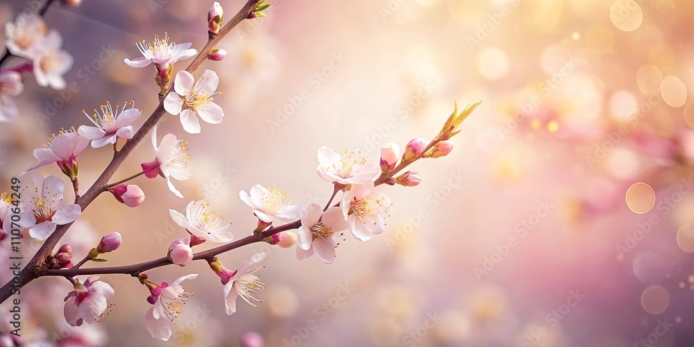 Delicate Pink Blossoms on Branch, Soft Spring Light Background Delicate Pink Blossoms on Branch, Soft Spring Light Background