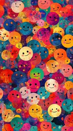 This AI-generated image features an abstract collection of smiley faces in a bright, colorful pattern set against a textured artistic background. Perfect for cheerful, creative projects. AI generated.