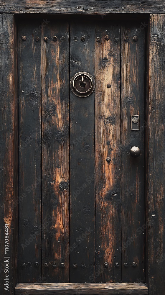 Dark, rustic wooden door with aged metal hardware. Dark, rustic wooden door with aged metal hardware.