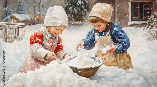 Wallpaper Mural Vintage painting of two girls in winter clothes and aprons gathering snow in wooden bowl outside cottage Torontodigital.ca