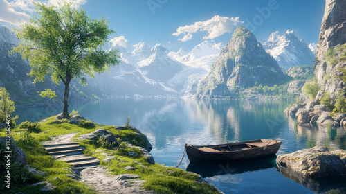 Cartoon mountain lake with wooden boat moored to old bridge. Vector illustration of beautiful natural background, footpath and fir tree on green hill, high rocks with glacier on top, blue sunny sky photo