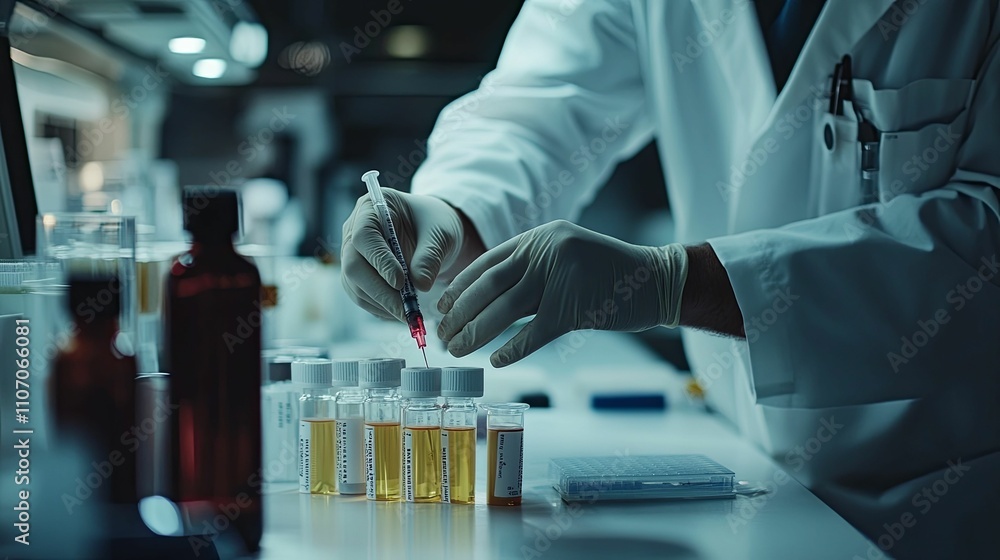 Scientist Carefully Filling Sample Vials In Laboratory Scientist Carefully Filling Sample Vials In Laboratory