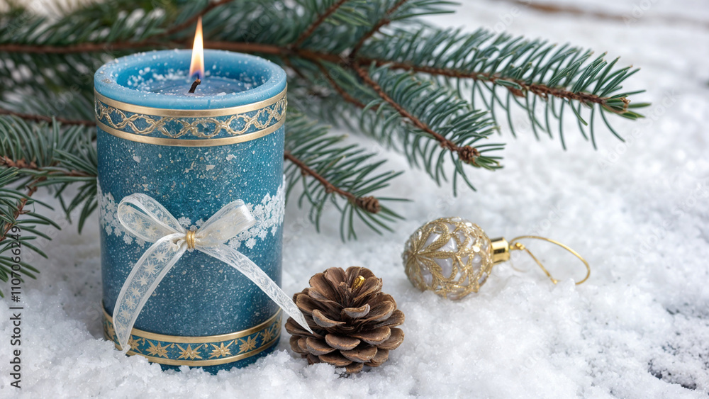 candle, blue, with a bow, decor, New Year, in the snow, pine cone, Christmas tree candle, blue, with a bow, decor, New Year, in the snow, pine cone, Christmas tree