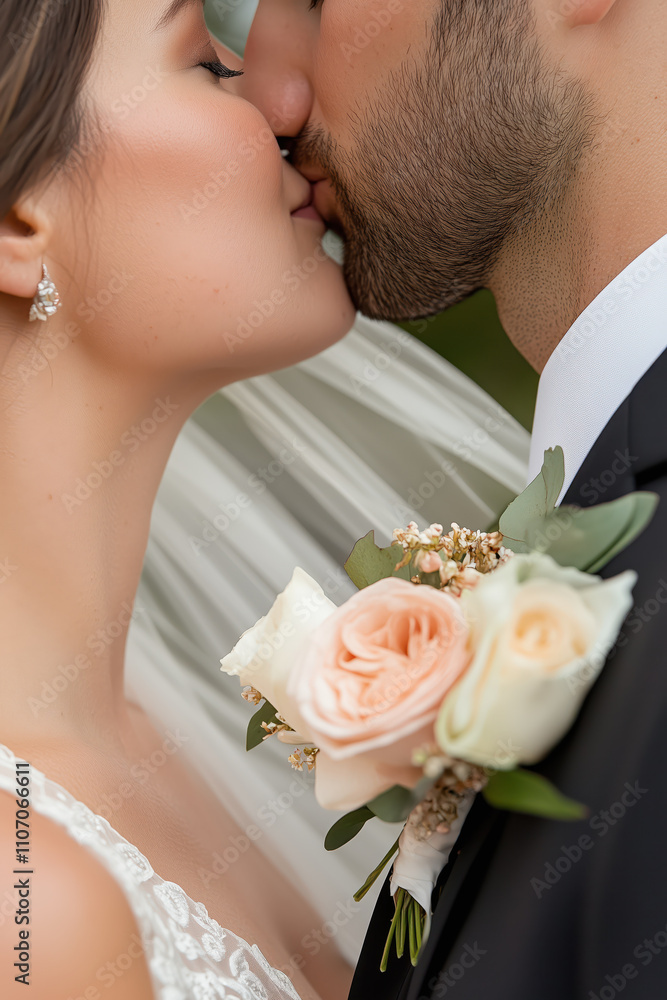 Elegant couple sharing romantic kiss, adorned with flowers and veil Elegant couple sharing romantic kiss, adorned with flowers and veil
