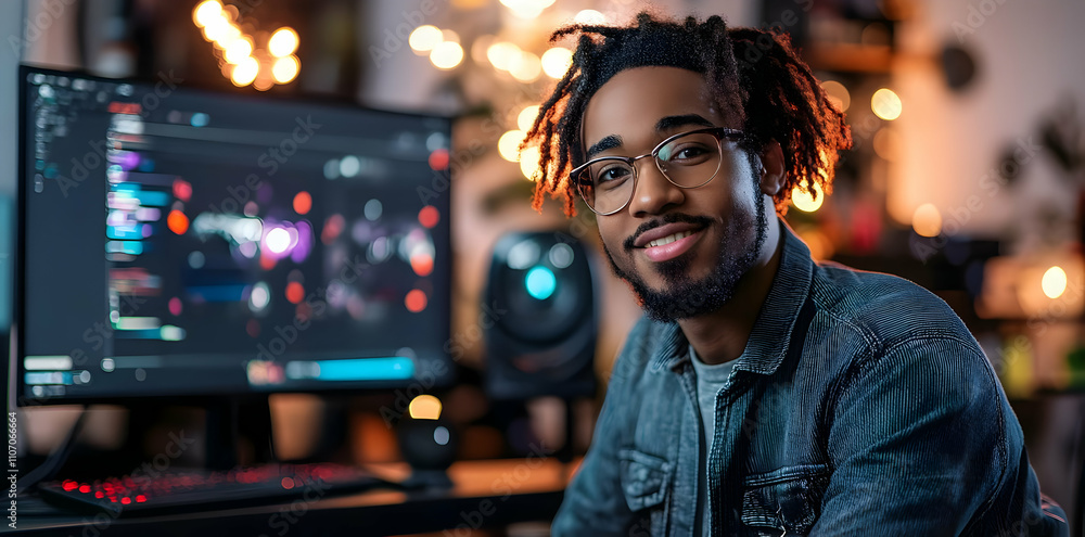 A young man smiles in front of a computer, engaged in creative work in a cozy environment. A young man smiles in front of a computer, engaged in creative work in a cozy environment.