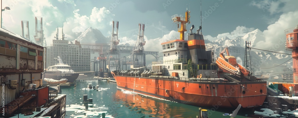 Rusty Cargo Ship Docked In A City Harbor Rusty Cargo Ship Docked In A City Harbor