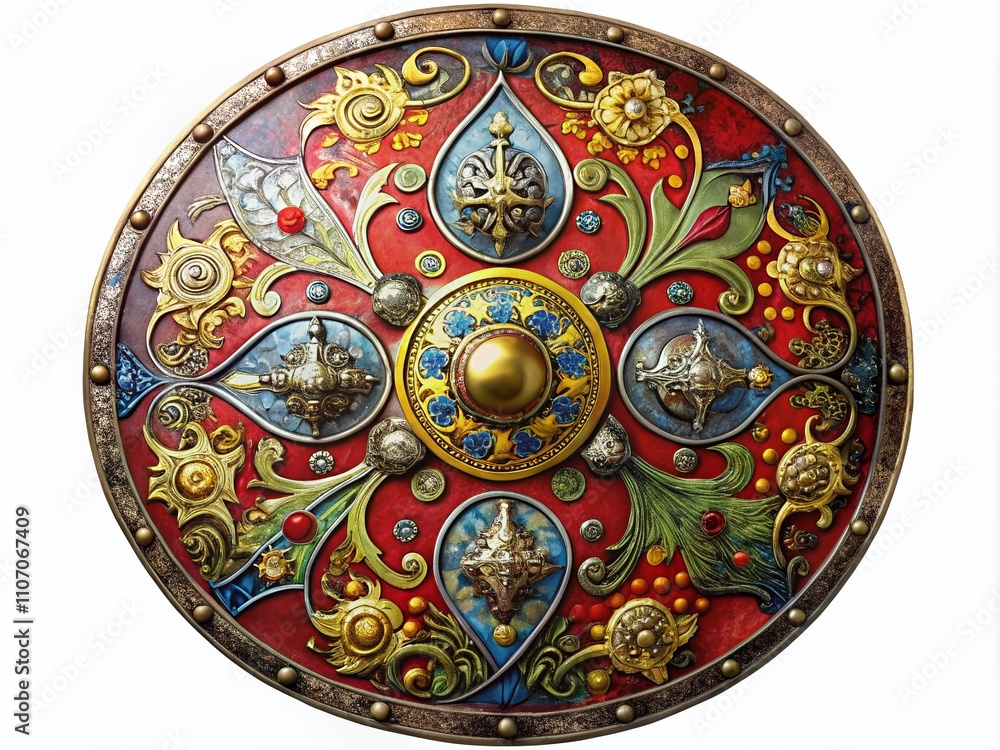 Naklejka premium Panoramic View of a Medieval Metal Shield Isolated on White Background, Perfect for Historical Themes and Art Projects, Showcasing Detailed Craftsmanship and Design Elements
