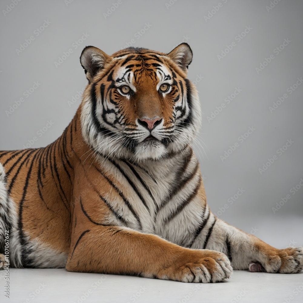 A Bengal tiger resting majestically with a plain white background.
A Bengal tiger resting majestically with a plain white background.