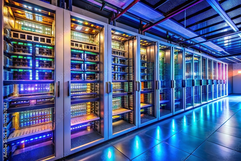 Panoramic View of a Modern Telco Rack with High-Tech Equipment in a Server Room, Showcasing Network Infrastructure and Data Management Solutions Panoramic View of a Modern Telco Rack with High-Tech Equipment in a Server Room, Showcasing Network Infrastructure and Data Management Solutions