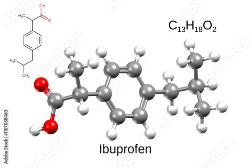 Structure of ibuprofen, a common non-steroid anti-inflammatory drug. Chemical formula, structural formula and 3D ball-and-stick model photo