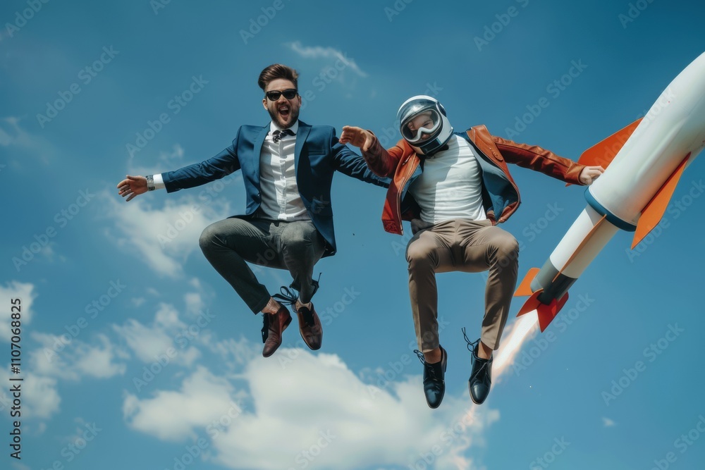 Two Businessmen in Suits Launching a Rocket Sky High Adventure towards Success and Dreams Two Businessmen in Suits Launching a Rocket Sky High Adventure towards Success and Dreams
