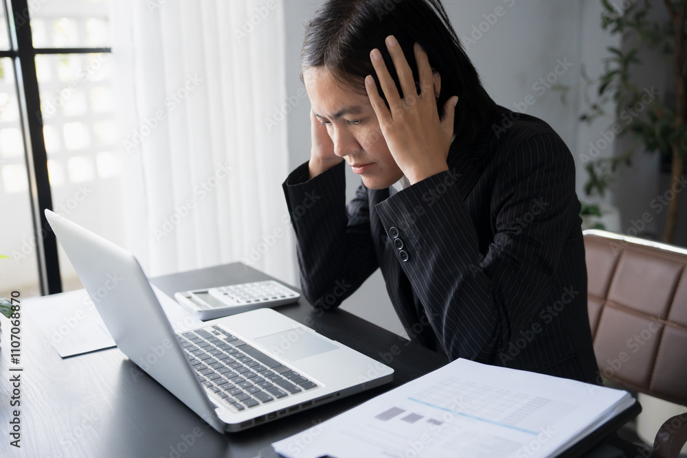 Burnout concept. Asian Business woman touching forehead having headache boring job and tired emotional pain and professional person depressed over risk. Burnout concept. Asian Business woman touching forehead having headache boring job and tired emotional pain and professional person depressed over risk.