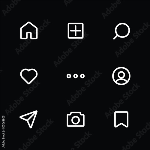 Social media flat outline white icons set notification. Vector
