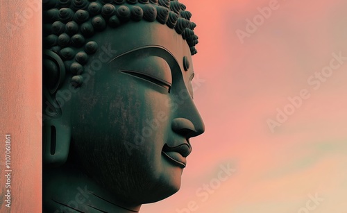 Close-up of the Buddha's face on a pink sky background photo