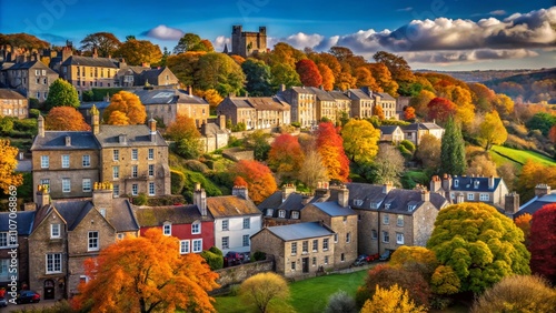 Panoramic View of Autumn Colors Over Houses in Richmond, North Yorkshire from the Castle Walk, Showcasing Scenic Architecture Against Vibrant Fall Foliage photo