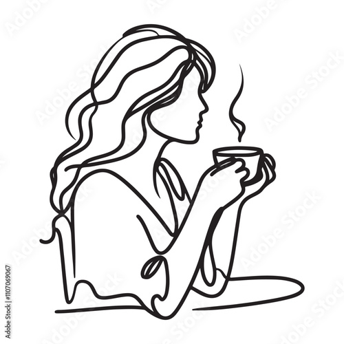 One continuous single drawing black line art doodle of a woman holding a cup of tea, illustration on white background