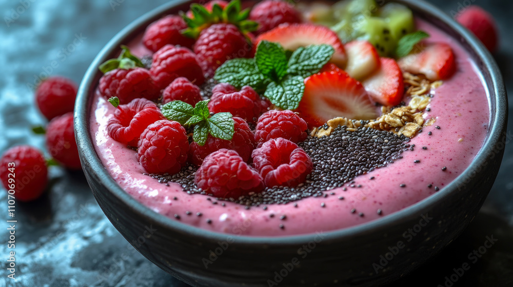A vibrant smoothie bowl features blended berries, topped with raspberries, strawberries, granola, and fresh mint garnishing the dish A vibrant smoothie bowl features blended berries, topped with raspberries, strawberries, granola, and fresh mint garnishing the dish